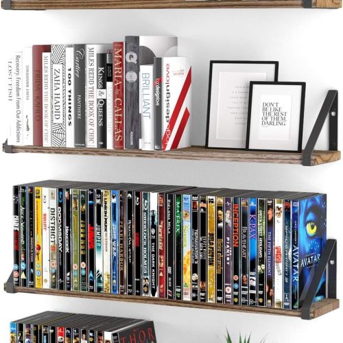 Wallniture Ponza Wood Floating Shelves for Wall, Rustic Wall Shelves for Living Room, 24" Bookshelf and DVD Storage Shelf Set of 4, Natural Burned