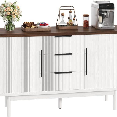 DWVO Modern TV Stand for 60 inch TVs, Fluted Entertainment Center with 3 Drawers & Storage Cabinet, Sliding Door & Adjustable Shelf, Media Console for Living Room, White & Brown | 55'' Curvy Accent Storage with 3 Large Drawers, Sliding Door & Adjustable Shelf, Modern Console for Living Room, Kitchen