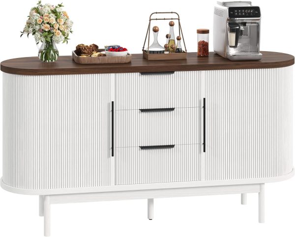 DWVO Modern TV Stand for 60 inch TVs, Fluted Entertainment Center with 3 Drawers & Storage Cabinet, Sliding Door & Adjustable Shelf, Media Console for Living Room, White & Brown | 55'' Curvy Accent Storage with 3 Large Drawers, Sliding Door & Adjustable Shelf, Modern Console for Living Room, Kitchen