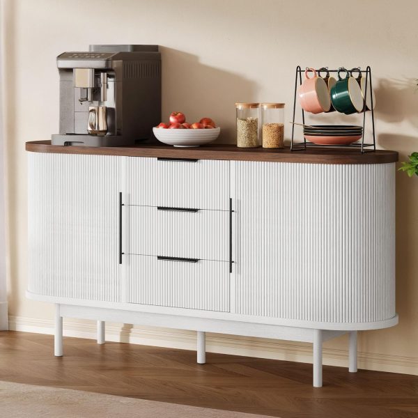 DWVO Modern TV Stand for 60 inch TVs, Fluted Entertainment Center with 3 Drawers & Storage Cabinet, Sliding Door & Adjustable Shelf, Media Console for Living Room, White & Brown | 55'' Curvy Accent Storage with 3 Large Drawers, Sliding Door & Adjustable Shelf, Modern Console for Living Room, Kitchen