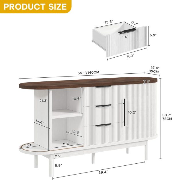 DWVO Modern TV Stand for 60 inch TVs, Fluted Entertainment Center with 3 Drawers & Storage Cabinet, Sliding Door & Adjustable Shelf, Media Console for Living Room, White & Brown | 55'' Curvy Accent Storage with 3 Large Drawers, Sliding Door & Adjustable Shelf, Modern Console for Living Room, Kitchen