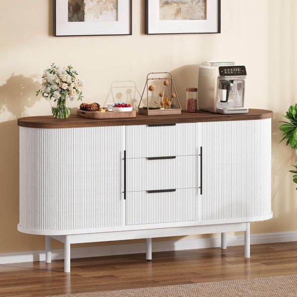 DWVO Modern TV Stand for 60 inch TVs, Fluted Entertainment Center with 3 Drawers & Storage Cabinet, Sliding Door & Adjustable Shelf, Media Console for Living Room, White & Brown | 55'' Curvy Accent Storage with 3 Large Drawers, Sliding Door & Adjustable Shelf, Modern Console for Living Room, Kitchen