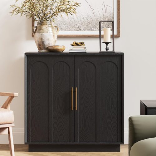 CT0427032JS_1 31.5" Modern Sideboard Buffet Cabinet with Storage, Black | Modular Media Console, Minimalist Credenza with Arched Doors, Accent Cabinet for Living Room Kitchen Dining Room Entryway