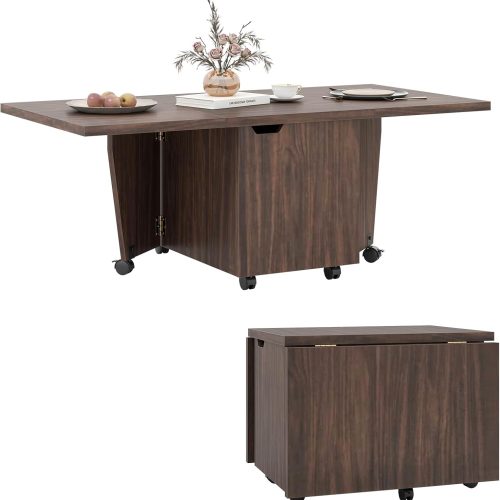 Giantex Folding Coffee Table, 48 Inch Drop Leaf Extendable Center Table with Storage Cabinet & Wheels, Rolling Side Table, Mid Century Modern Living Room Tables for Small Spaces (Walnut)