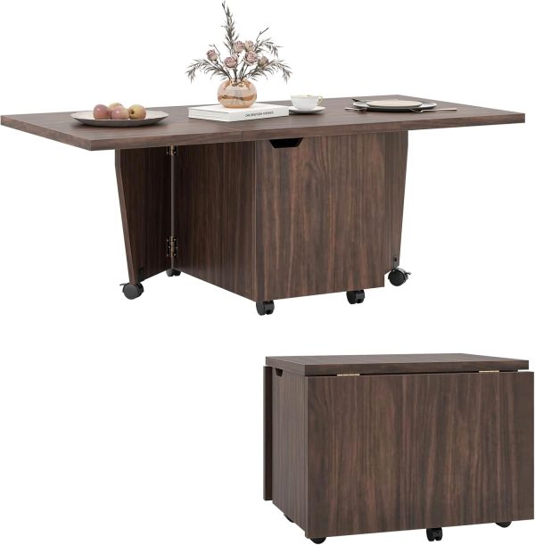 Giantex Folding Coffee Table, 48 Inch Drop Leaf Extendable Center Table with Storage Cabinet & Wheels, Rolling Side Table, Mid Century Modern Living Room Tables for Small Spaces (Walnut)