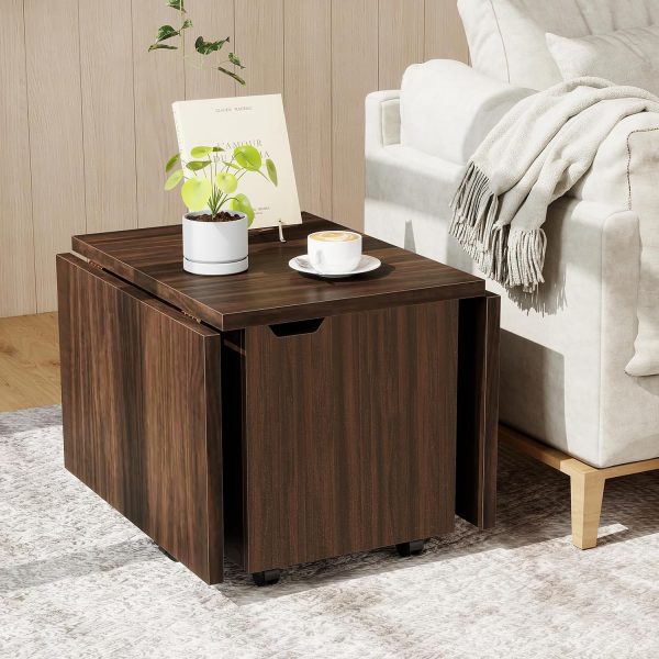 Giantex Folding Coffee Table, 48 Inch Drop Leaf Extendable Center Table with Storage Cabinet & Wheels, Rolling Side Table, Mid Century Modern Living Room Tables for Small Spaces (Walnut)