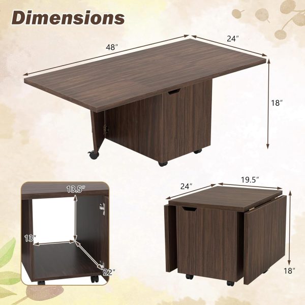Giantex Folding Coffee Table, 48 Inch Drop Leaf Extendable Center Table with Storage Cabinet & Wheels, Rolling Side Table, Mid Century Modern Living Room Tables for Small Spaces (Walnut)