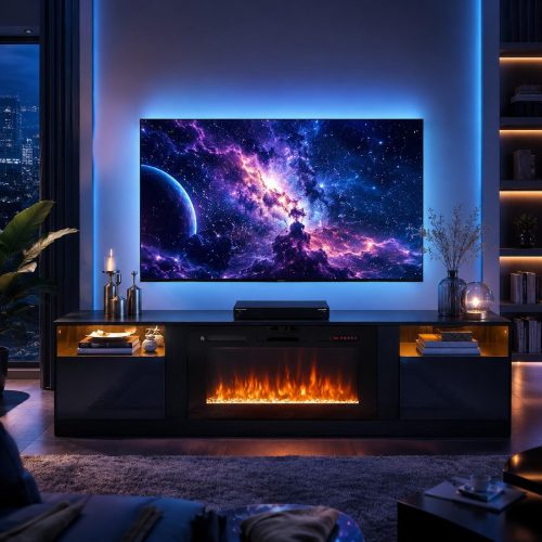 70" TV Stand with 36" Electric Fireplace, Large Modern Media Entertainment Center with Storage Cabinet and 12 Colors LED Lights for TVs Up to 80"