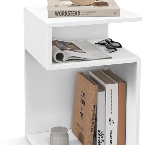 Tangkula S-Shaped Side Table, 3 Tier Wood End Table with Open Storage Shelves, Anti-Slip Foot Pads, Modern Accent Bedside Nightstand, Narrow Side Table for Small Spaces Living Room Bedroom (1, White)