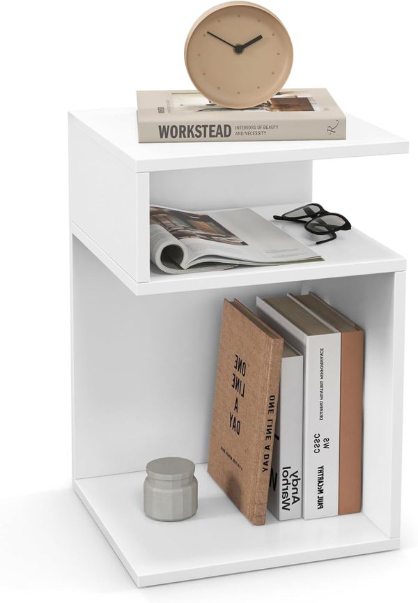 Tangkula S-Shaped Side Table, 3 Tier Wood End Table with Open Storage Shelves, Anti-Slip Foot Pads, Modern Accent Bedside Nightstand, Narrow Side Table for Small Spaces Living Room Bedroom (1, White)