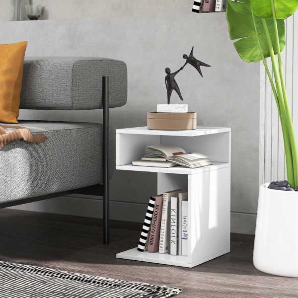 Tangkula S-Shaped Side Table, 3 Tier Wood End Table with Open Storage Shelves, Anti-Slip Foot Pads, Modern Accent Bedside Nightstand, Narrow Side Table for Small Spaces Living Room Bedroom (1, White)
