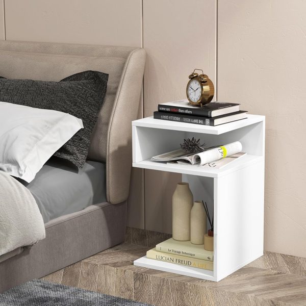 Tangkula S-Shaped Side Table, 3 Tier Wood End Table with Open Storage Shelves, Anti-Slip Foot Pads, Modern Accent Bedside Nightstand, Narrow Side Table for Small Spaces Living Room Bedroom (1, White)