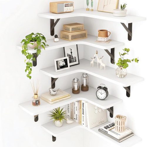 Fixwal Floating Shelves for Wall Set of 5, Rustic Wood Wall Mounted Corner Shelf for Bathroom, Kitchen, Bedroom, Home Decor, Laundry Room, Living Room (White)