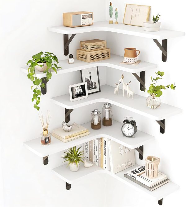 CT0428673JS_1 Fixwal Floating Shelves for Wall Set of 5, Rustic Wood Wall Mounted Corner Shelf for Bathroom, Kitchen, Bedroom, Home Decor, Laundry Room, Living Room (White)