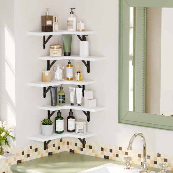 CT0428673JS_2 Fixwal Floating Shelves for Wall Set of 5, Rustic Wood Wall Mounted Corner Shelf for Bathroom, Kitchen, Bedroom, Home Decor, Laundry Room, Living Room (White)