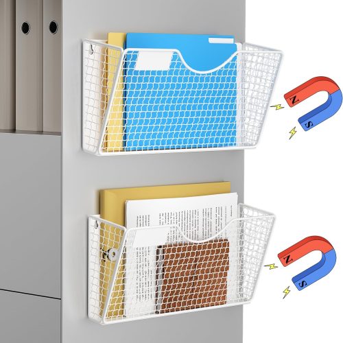 MFTEK Magnetic File Holder, 2 Pockets Wall File Folders Holder No Drilling Magnetic Paper Mail Organizer Magazine Basket, Hanging Storage Rack for Fridge Cabinets Office Classroom(White)