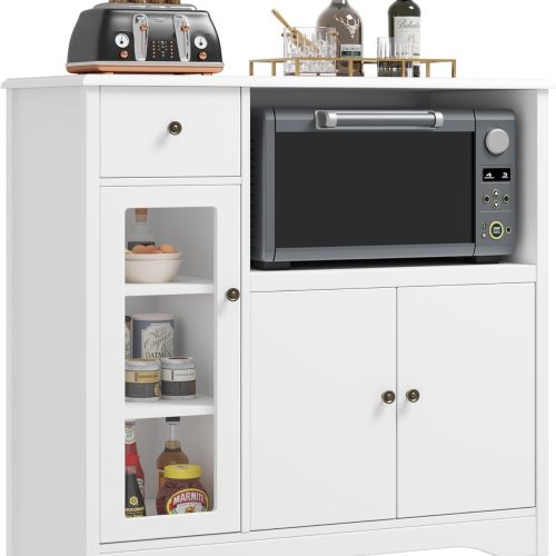 HORSTORS Microwave Cabinet, Kitchen Storage Cabinet, Microwave Stand, White | Modern Kitchen Cabinet with Doors / 2 Adjustable Shelves / Drawer / Spacious Countertop for Dining Living Room, Apartment