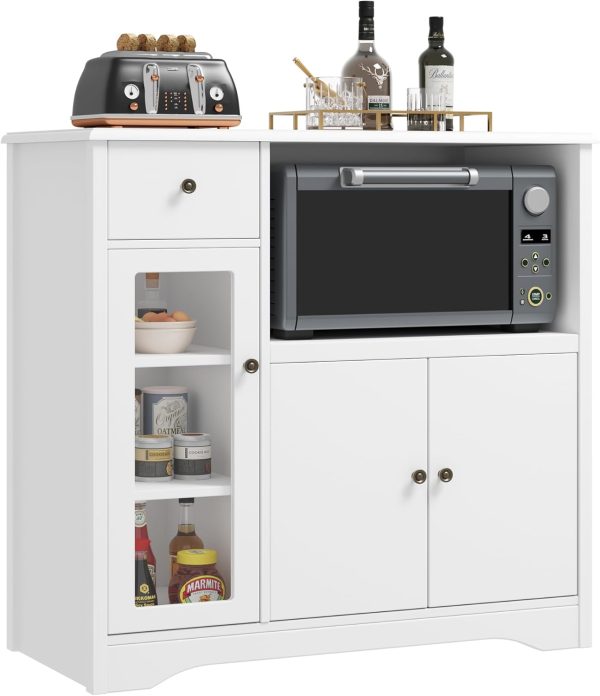 HORSTORS Microwave Cabinet, Kitchen Storage Cabinet, Microwave Stand, White | Modern Kitchen Cabinet with Doors / 2 Adjustable Shelves / Drawer / Spacious Countertop for Dining Living Room, Apartment