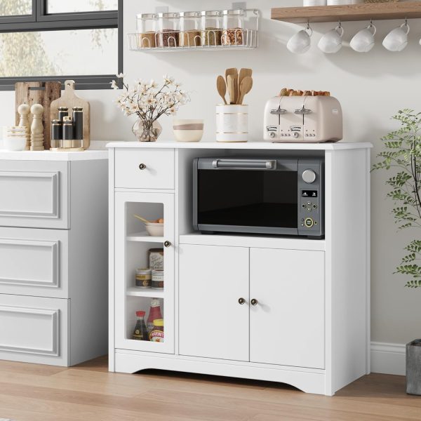 HORSTORS Microwave Cabinet, Kitchen Storage Cabinet, Microwave Stand, White | Modern Kitchen Cabinet with Doors / 2 Adjustable Shelves / Drawer / Spacious Countertop for Dining Living Room, Apartment