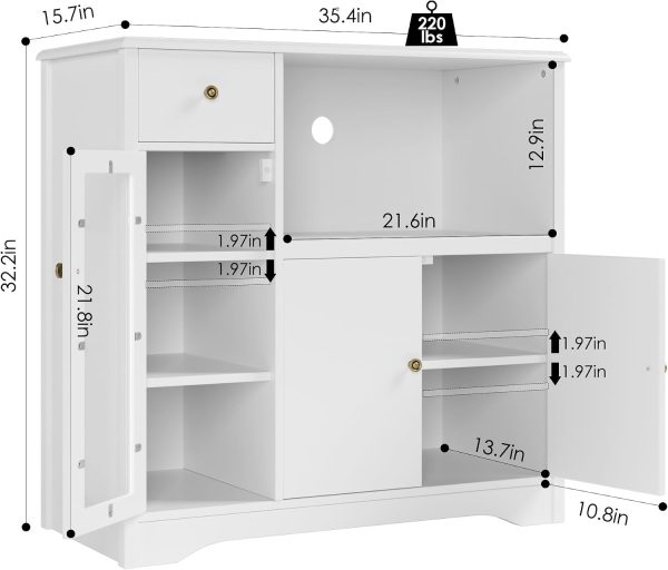 HORSTORS Microwave Cabinet, Kitchen Storage Cabinet, Microwave Stand, White | Modern Kitchen Cabinet with Doors / 2 Adjustable Shelves / Drawer / Spacious Countertop for Dining Living Room, Apartment
