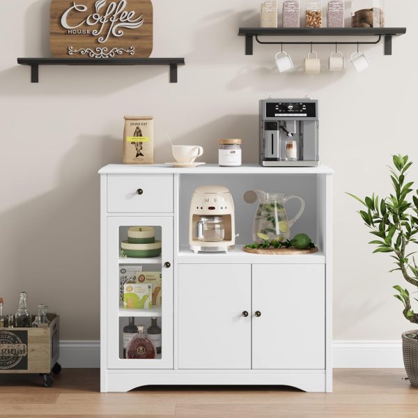 HORSTORS Microwave Cabinet, Kitchen Storage Cabinet, Microwave Stand, White | Modern Kitchen Cabinet with Doors / 2 Adjustable Shelves / Drawer / Spacious Countertop for Dining Living Room, Apartment
