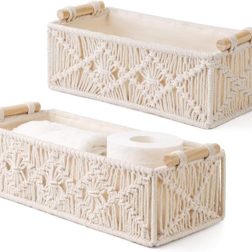 Mkono Macrame Storage Baskets Boho Decor Box Handmade Woven Decorative Countertop Toilet Tank Shelf Cabinet Organizer for Bedroom Livingroom Home, Set of 2, Ivory