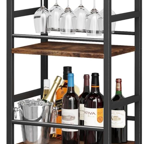 CT0429601JS_1 Homeiju Small Bar Cart, Home Bar Serving Cart with 4-Tier Shelf, Mobile Kitchen Shelf with Large Storage and Glass Holder, Mini Bar Cart for Small Spaces, Kitchen and Dining Room, Rustic Brown