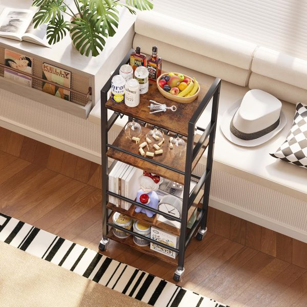 Homeiju Small Bar Cart, Home Bar Serving Cart with 4-Tier Shelf, Mobile Kitchen Shelf with Large Storage and Glass Holder, Mini Bar Cart for Small Spaces, Kitchen and Dining Room, Rustic Brown