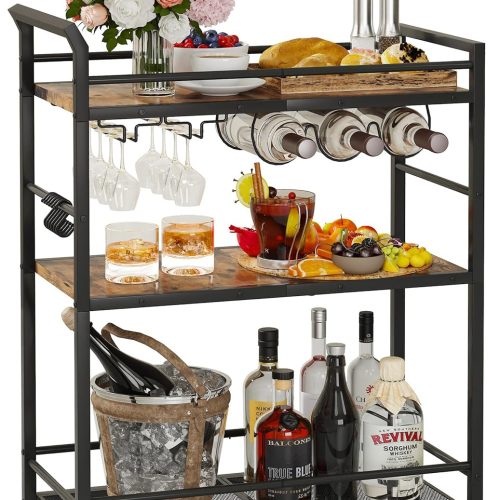3 Tier Bar Cart, Small Beverage Cart, Mini Bar Cart with Wine Rack, Home Bar Serving Cart with Wheels for Kitchen Dining Living Room (Rustic Brown, General) GBC507R