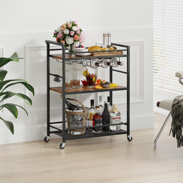 3 Tier Bar Cart, Small Beverage Cart, Mini Bar Cart with Wine Rack, Home Bar Serving Cart with Wheels for Kitchen Dining Living Room (Rustic Brown, General) GBC507R