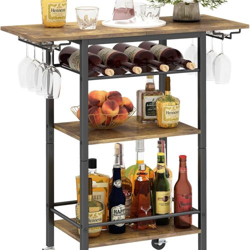 LAATOOREE Bar Cart, Home Bar Serving Cart, 3 Tier Mobile Drink Beverage Cart, Rolling Kitchen Shelf with Wine and Glass Holders, for Dinning Room, Living Room, Kitchen
