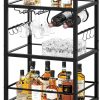 Bar Cart, Serving Cart for Home, Microwave Cart, Drink Cart, Mobile Kitchen Shelf with Wine Rack and Glass Holder, Rolling Beverage Cart for Dining Room, Black