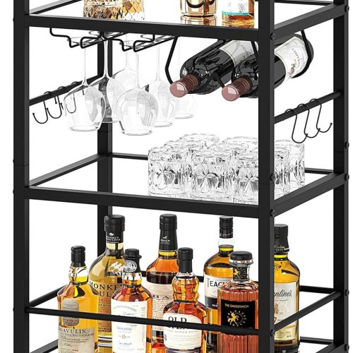 CT0429634JS_1 Bar Cart, Serving Cart for Home, Microwave Cart, Drink Cart, Mobile Kitchen Shelf with Wine Rack and Glass Holder, Rolling Beverage Cart for Dining Room, Black