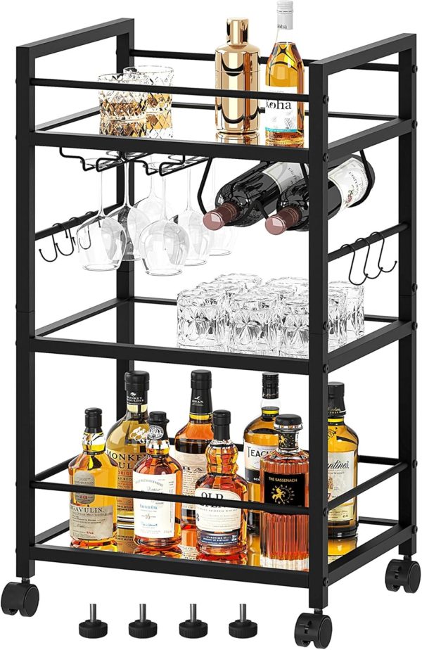 Bar Cart, Serving Cart for Home, Microwave Cart, Drink Cart, Mobile Kitchen Shelf with Wine Rack and Glass Holder, Rolling Beverage Cart for Dining Room, Black