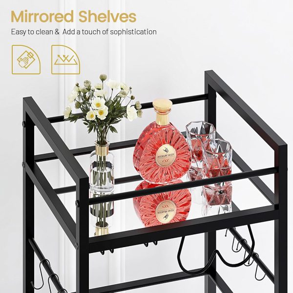 Bar Cart, Serving Cart for Home, Microwave Cart, Drink Cart, Mobile Kitchen Shelf with Wine Rack and Glass Holder, Rolling Beverage Cart for Dining Room, Black