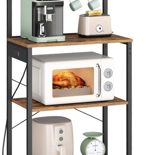 CT0429648JS_1 VASAGLE BARNET Collection - Kitchen Bakers Rack with Power Outlet, 23.6-Inch Wide Coffee Bar 4-Tier with 8 S Hooks, Modern Microwave Stand, Adjustable Shelf, Rustic Brown and Ink Black UKKS014K01V1