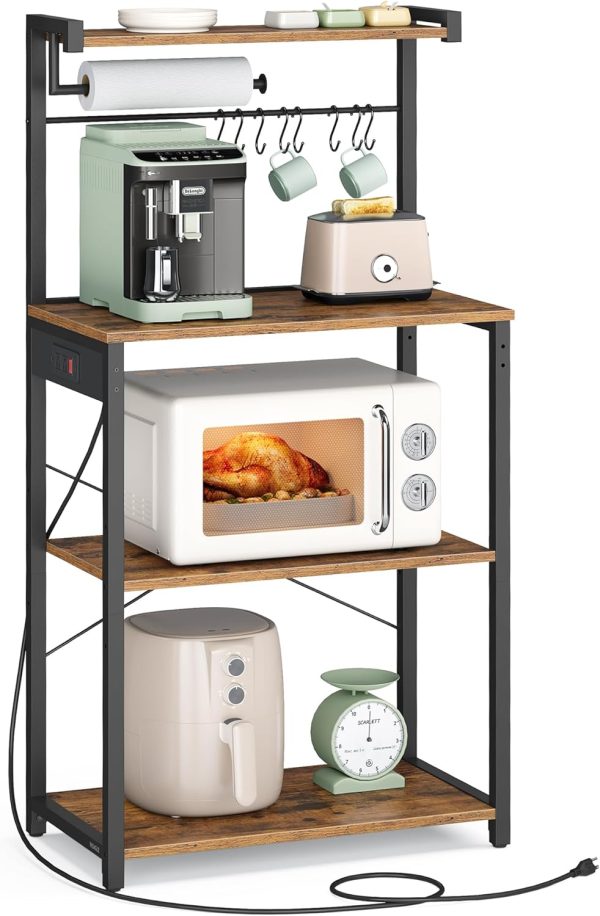 CT0429648JS_1 VASAGLE BARNET Collection - Kitchen Bakers Rack with Power Outlet, 23.6-Inch Wide Coffee Bar 4-Tier with 8 S Hooks, Modern Microwave Stand, Adjustable Shelf, Rustic Brown and Ink Black UKKS014K01V1