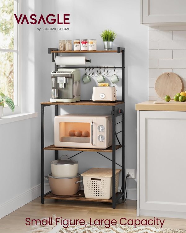 CT0429648JS_2 VASAGLE BARNET Collection - Kitchen Bakers Rack with Power Outlet, 23.6-Inch Wide Coffee Bar 4-Tier with 8 S Hooks, Modern Microwave Stand, Adjustable Shelf, Rustic Brown and Ink Black UKKS014K01V1