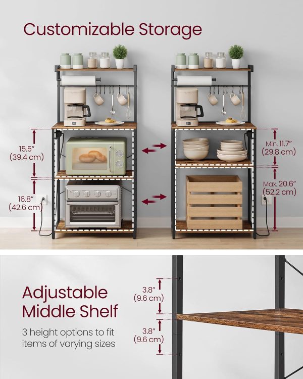 CT0429648JS_3 VASAGLE BARNET Collection - Kitchen Bakers Rack with Power Outlet, 23.6-Inch Wide Coffee Bar 4-Tier with 8 S Hooks, Modern Microwave Stand, Adjustable Shelf, Rustic Brown and Ink Black UKKS014K01V1