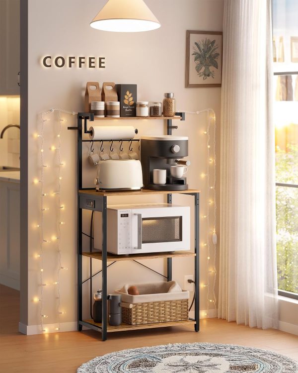 CT0429648JS_4 VASAGLE BARNET Collection - Kitchen Bakers Rack with Power Outlet, 23.6-Inch Wide Coffee Bar 4-Tier with 8 S Hooks, Modern Microwave Stand, Adjustable Shelf, Rustic Brown and Ink Black UKKS014K01V1