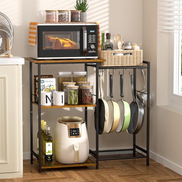 CT0429658JS_1 Kitchen Stand with Pots Rack, Utility Microwave Oven Stand with Storage, 5 Tiers Coffee Bar Table, Small Kitchen Bakers Rack with 6 S Hooks, Kitchen Storage Shelf Rack for Spices, Pots, Rustic Brown