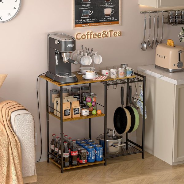 CT0429658JS_3 Kitchen Stand with Pots Rack, Utility Microwave Oven Stand with Storage, 5 Tiers Coffee Bar Table, Small Kitchen Bakers Rack with 6 S Hooks, Kitchen Storage Shelf Rack for Spices, Pots, Rustic Brown