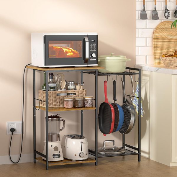 CT0429658JS_4 Kitchen Stand with Pots Rack, Utility Microwave Oven Stand with Storage, 5 Tiers Coffee Bar Table, Small Kitchen Bakers Rack with 6 S Hooks, Kitchen Storage Shelf Rack for Spices, Pots, Rustic Brown