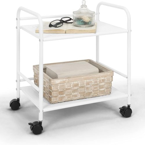 SunnyPoint 2-Tier Metal Rolling Utility Cart – Mobile Storage Shelf with Caster Wheels – Small Space Organizer for Home, Office, Bedroom, Kitchen (WHT)