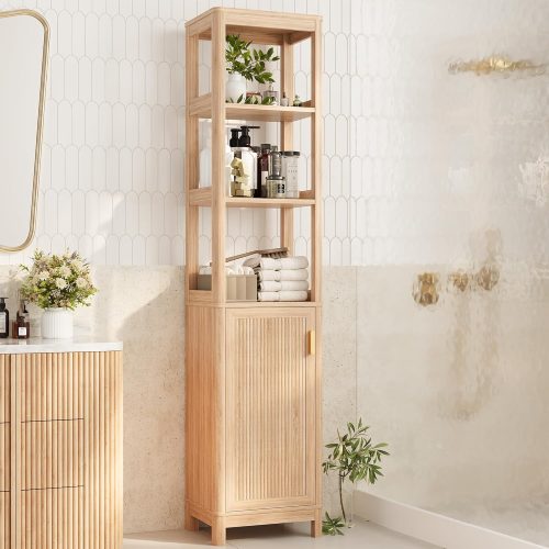 CT0429738JS_1 INNOD 68'' Tall Narrow Storage Cabinet with Adjustable Shelf and Door, Bathroom Storage Cabinet, Space Saver for Bathroom, Kitchen, Living Room, Natural Oak