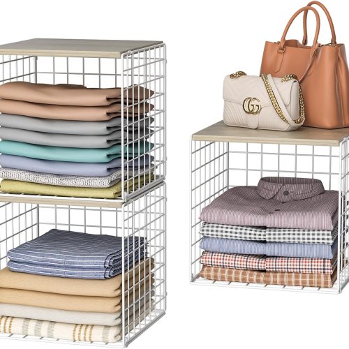 3PCS Stackable Closet Organizers and Storage, Closet Shelves with Wood Top Extra Storage, Clothes Storage Organizer Basket Bin/Cube for Home Wardrobe Organization(White-Sturdy Metal) Patent Pending