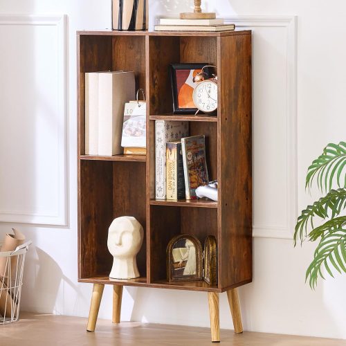 CT0429802JS_1 LEYAOYAO 5 Cube Small Bookshelf,3 Tier Mid-Century Bookcase with Legs,Wood Bookshelves Storage Organizer Shelf,Narrow Book Shelves,Brown Bookcases