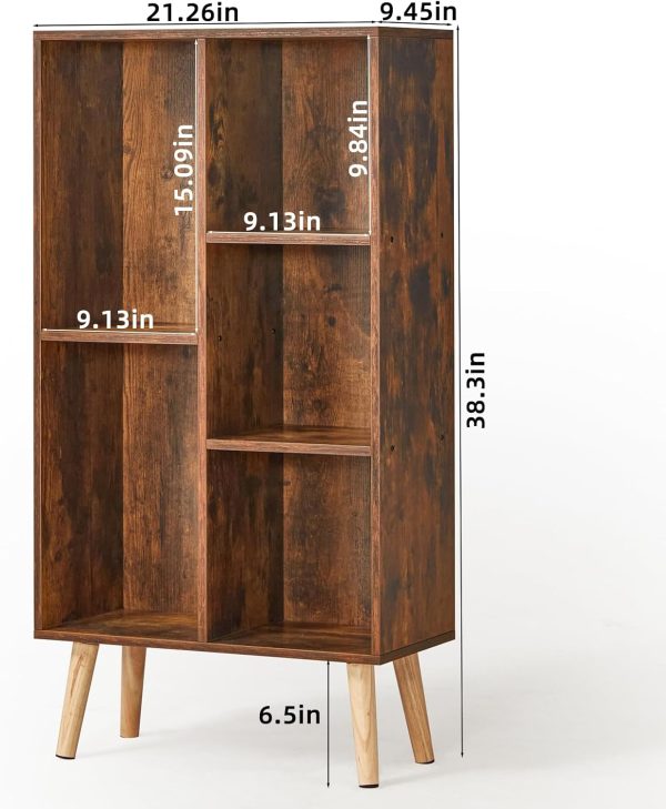 LEYAOYAO 5 Cube Small Bookshelf,3 Tier Mid-Century Bookcase with Legs,Wood Bookshelves Storage Organizer Shelf,Narrow Book Shelves,Brown Bookcases