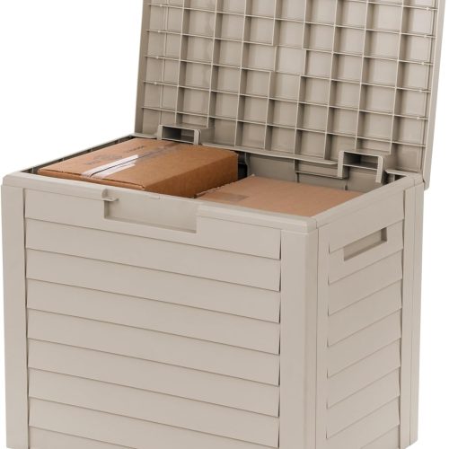 IRIS USA 35 Gallon Outdoor Deck Box, Lockable, Weather-Resistant, Beige | UV-Protected, Waterproof Resin, Patio Storage for Cushions, Garden Tools & Packages