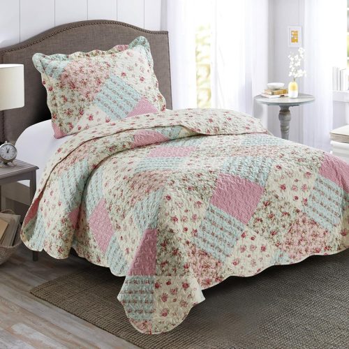Brilliant Sunshine Pink and Green Roses Quilt Twin Size, Patchwork Design Bedding Set with Sham, Reversible Bedspread, Soft Lightweight Coverlet for All Seasons (68"x90")